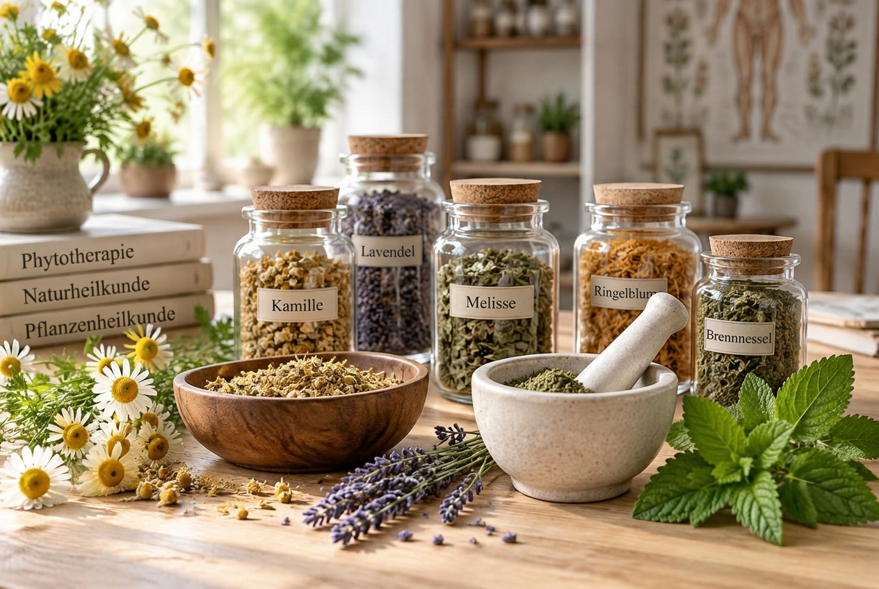 Heilkräuter und pflanzliche Zubereitungen in einer Naturheilpraxis